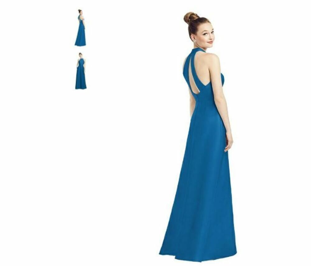 Alfred Sung D772 High Neck Cutout Satin Sleeveless Twill Dress Dusk Blue Size 14